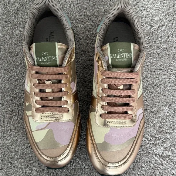 VALENTINO GARAVANI ROCKRUNNER LEATHER CAMO SNEAKERS/PINK & ROSE GOLD Size 37.5 - Picture 10 of 10